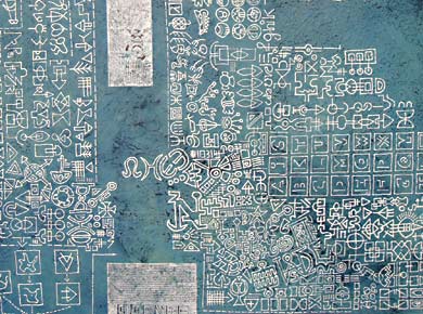 Öl und Acryl auf Holz „Entwicklung der Zeichen“ 120x100